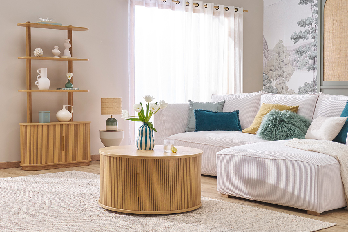 Runder Couchtisch in heller Eichenholzoptik mit 2 Schiebetren D80 cm EPIC