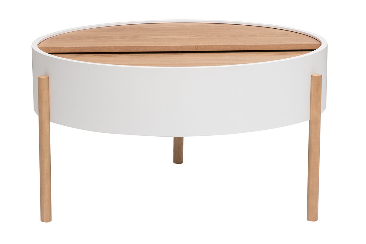 Runder wei�er und holzerner Couchtisch mit drehbarer Platte und Holzf��en.