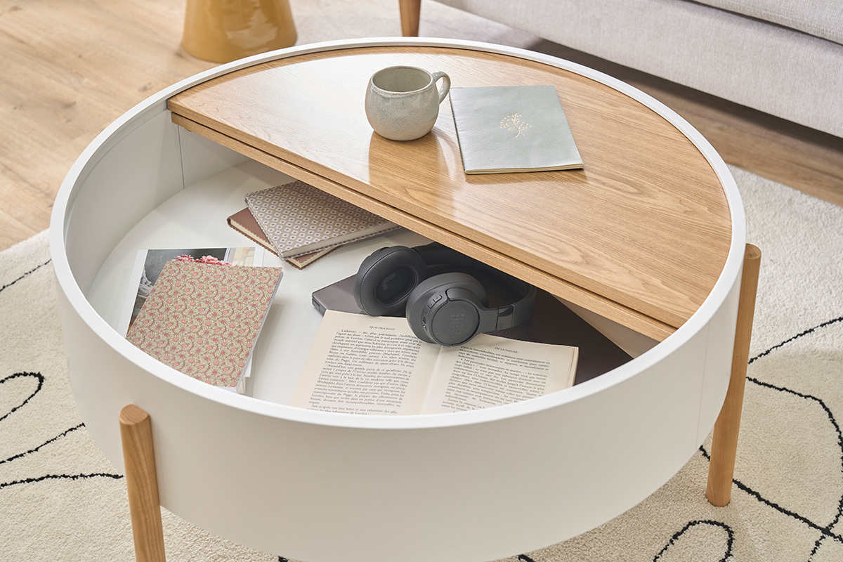 Runder Couchtisch in Wei� und hellem Eschenholz mit drehbarer Platte und Stauraum D80 cm YOLINE