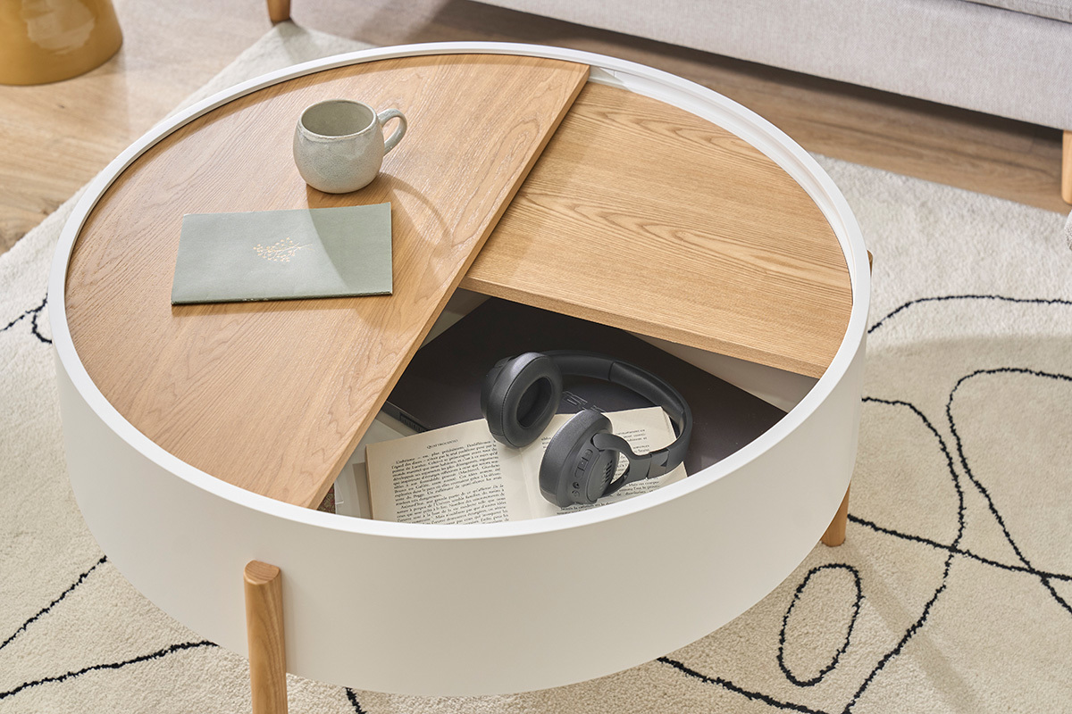Runder Couchtisch in Wei� und hellem Eschenholz mit drehbarer Platte und Stauraum D80 cm YOLINE