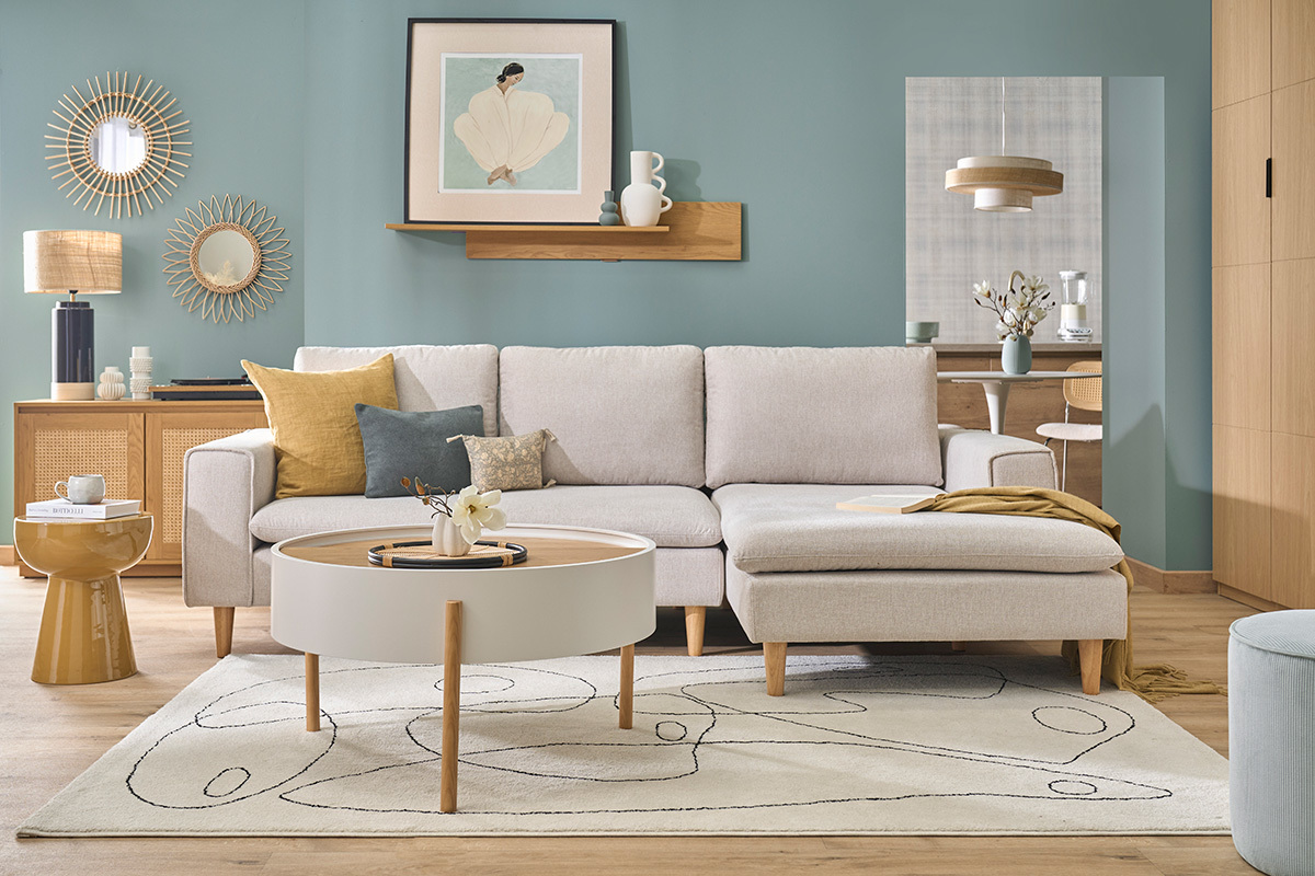 Runder Couchtisch in Wei� und hellem Eschenholz mit drehbarer Platte und Stauraum D80 cm YOLINE