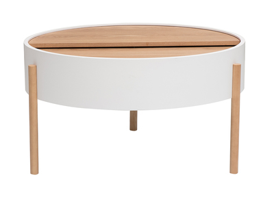 Runder Couchtisch in Wei&szlig; und hellem Eschenholz mit drehbarer Platte und Stauraum D80 cm YOLINE