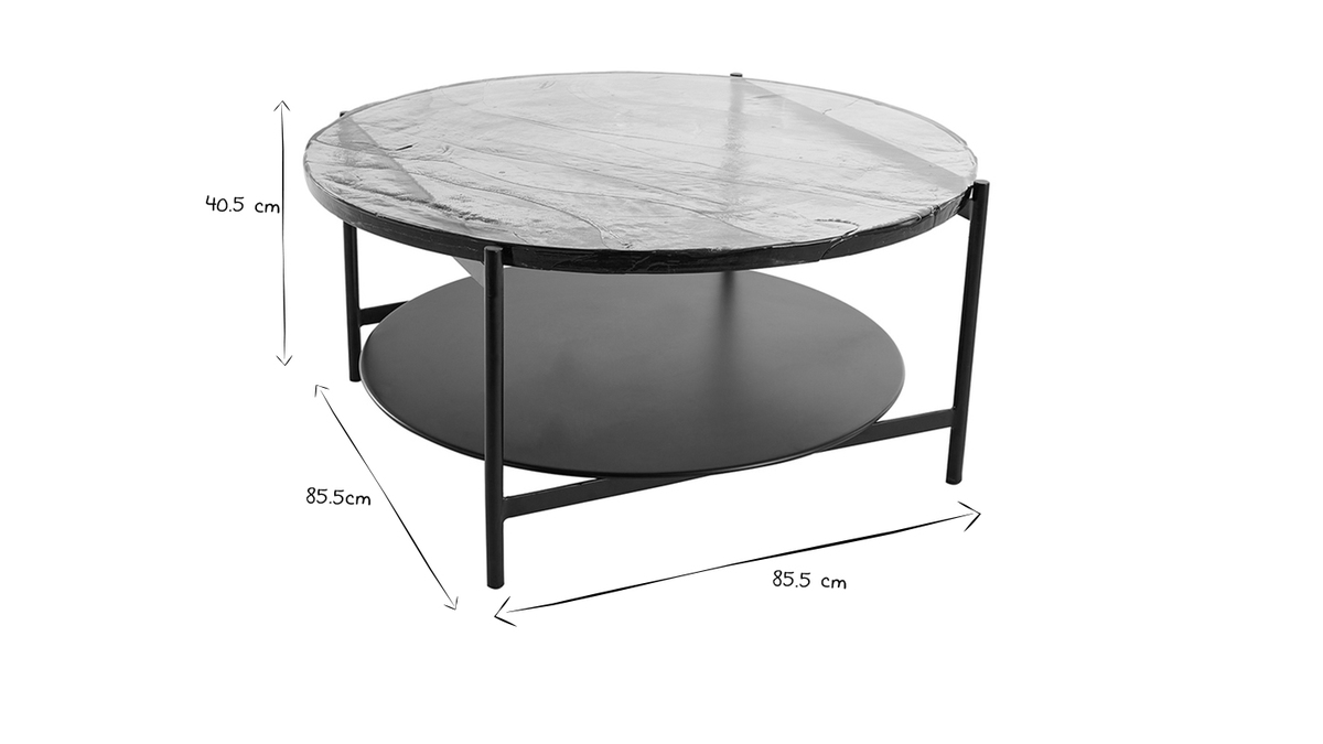 Runder Couchtisch mit zwei Tischplatten aus recyceltem Glas und schwarzem Metall D85 cm WELLE