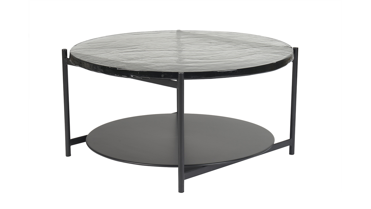 Runder Couchtisch mit zwei Tischplatten aus recyceltem Glas und schwarzem Metall D85 cm WELLE