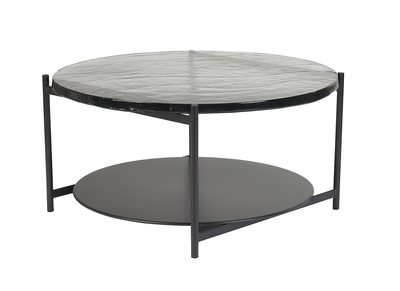 Runder Couchtisch mit zwei Tischplatten aus recyceltem Glas und schwarzem Metall D85 cm WELLE