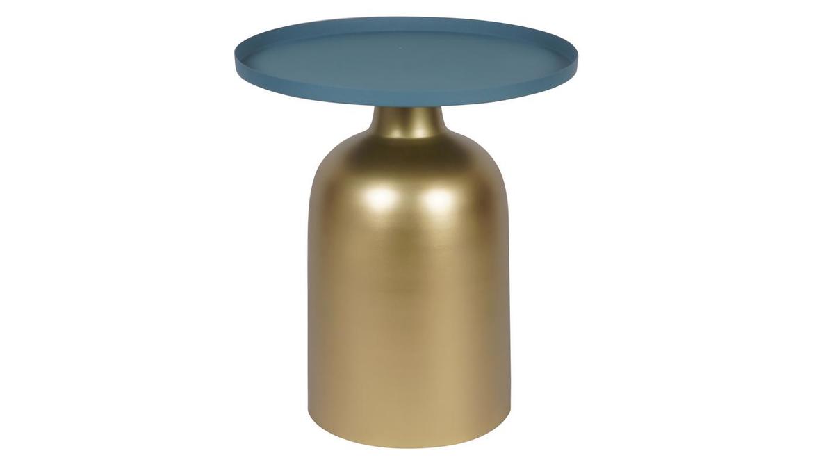 Runder Design-Beistelltisch aus Metall goldfarben mit matter petrolblauer Tischplatte RAMSES