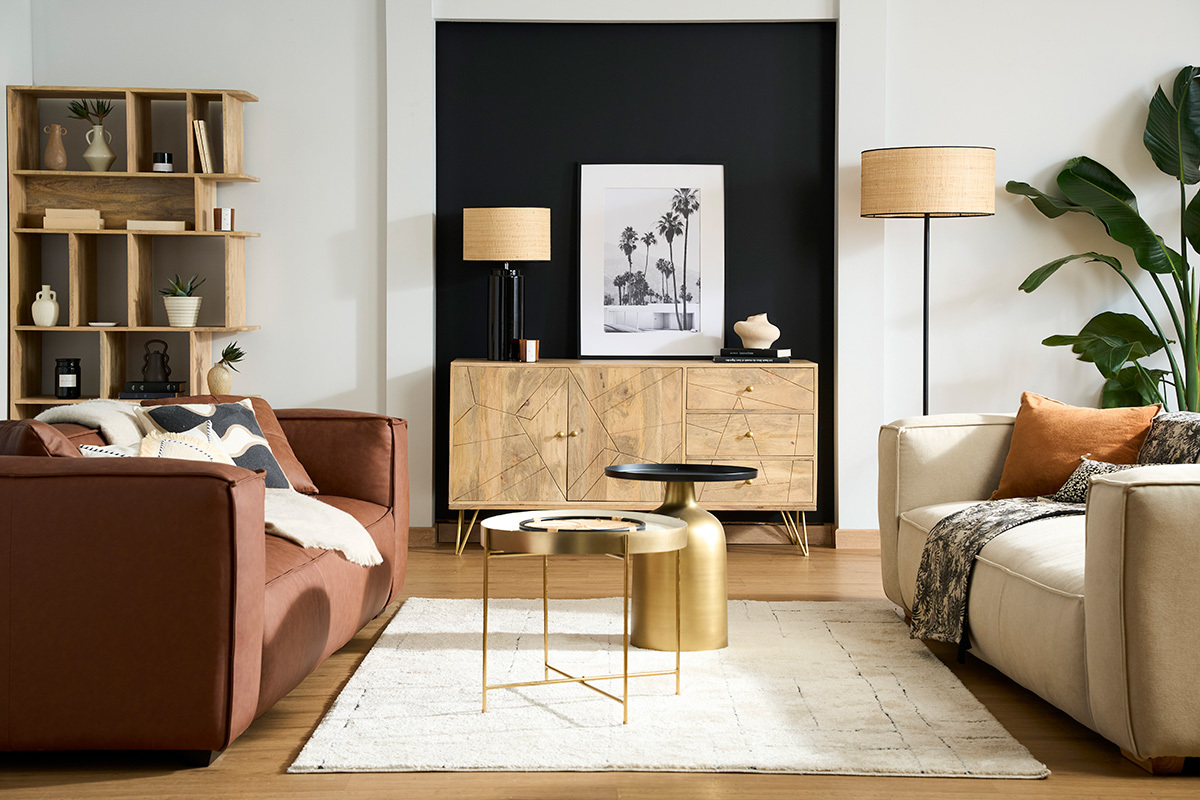 Runder Design-Beistelltisch aus Metall goldfarben mit mattschwarzer Tischplatte RAMSES