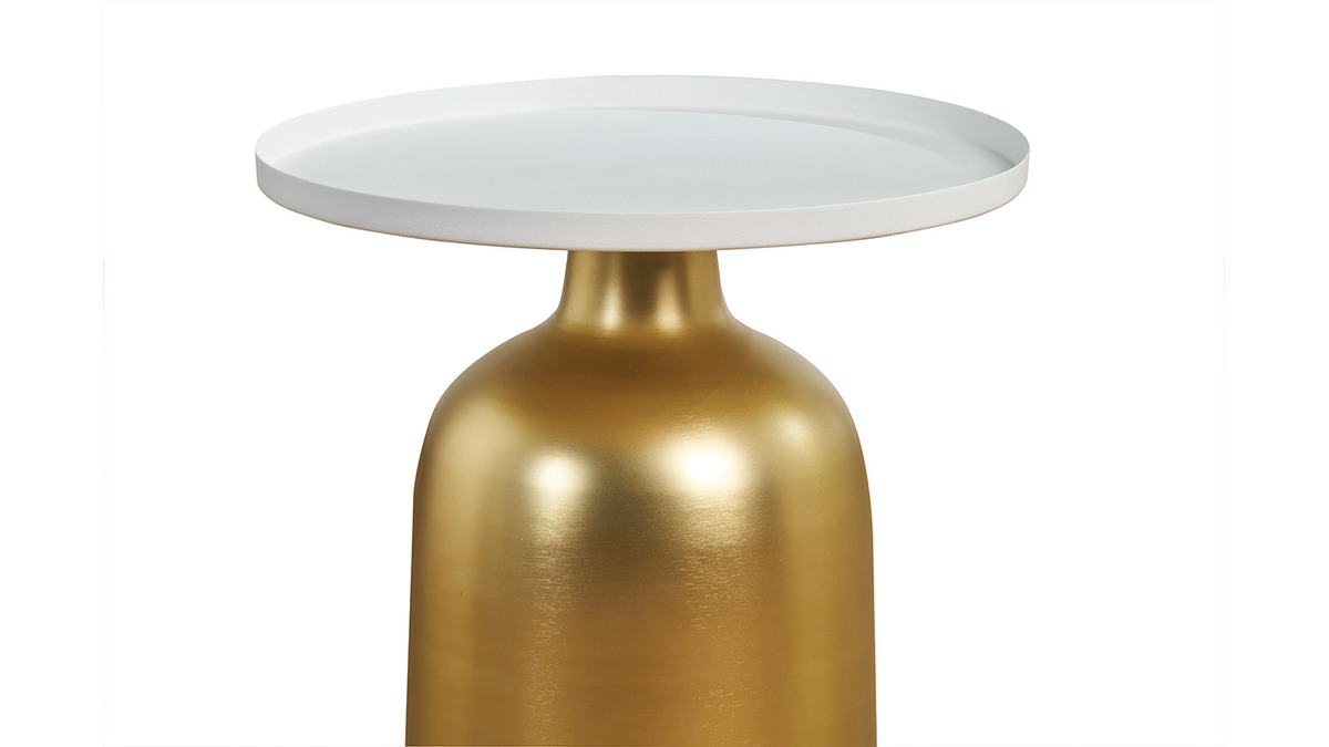 Runder Design-Beistelltisch aus Metall goldfarben mit mattweier Tischplatte RAMSES