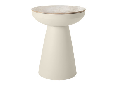 Runder Design-Beistelltisch mit Ablage aus hellbeigem Metall und massivem Mangoholz H52 cm TAM