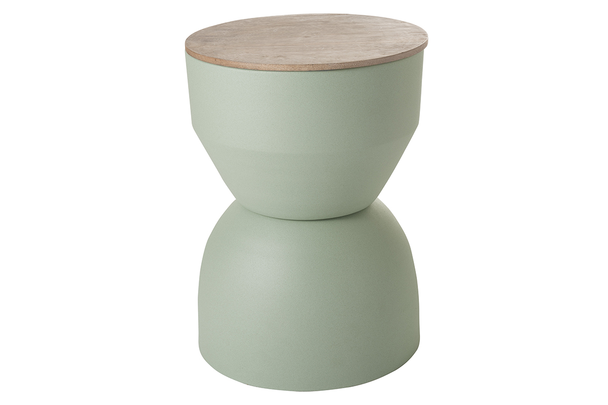 Runder Design-Beistelltisch mit Ablage aus seladongrnem Metall und massivem Mangoholz D30 cm YOYO