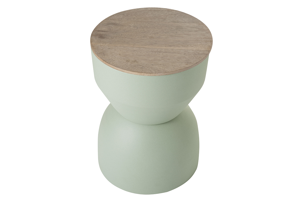 Runder Design-Beistelltisch mit Ablage aus seladongrnem Metall und massivem Mangoholz D30 cm YOYO