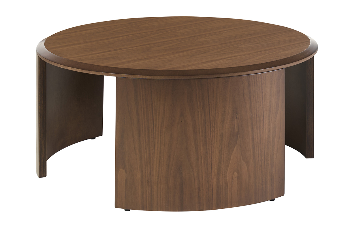 Runder Couchtisch aus dunklem Walnussholz, modernes Design, R�ckansicht.