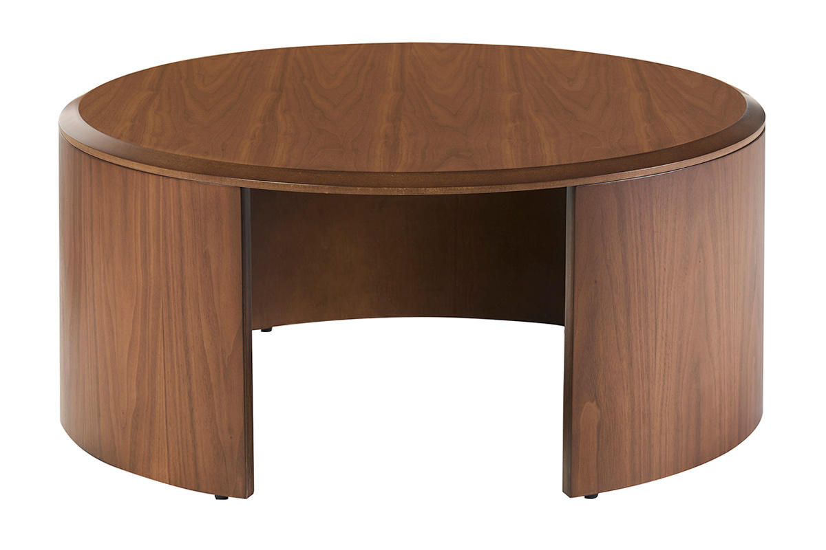 Runder Couchtisch aus dunklem Nussbaumholz, Vorderansicht, Durchmesser 80 cm, H�he 35 cm.
