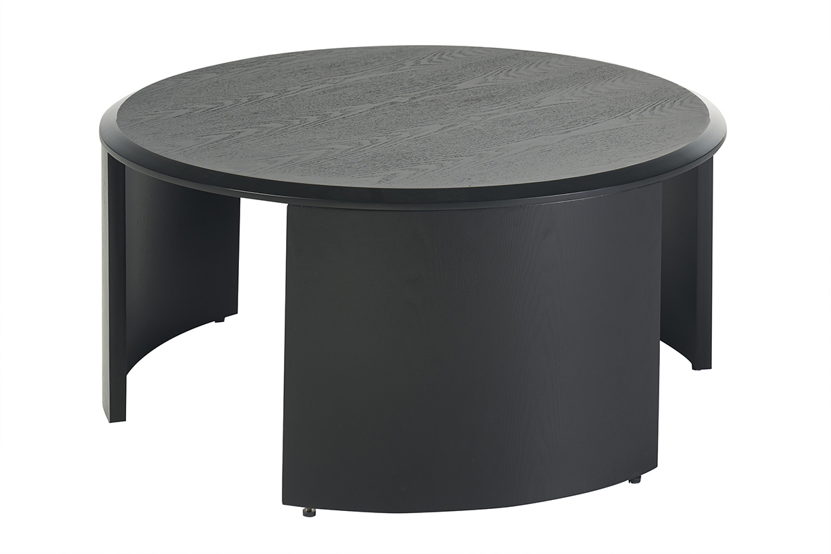 Runder schwarzer Holzcouchtisch, Durchmesser 80 cm, Drei-Viertel-Ansicht