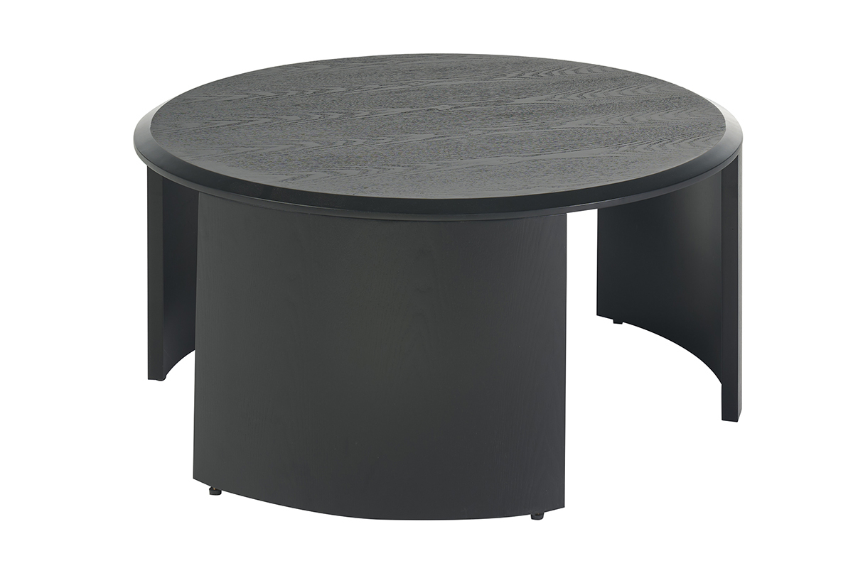 Runder schwarzer Holzcouchtisch mit 80 cm, modernes Design mit abgerundeter Tischplatte und skulpturalen Kurven.