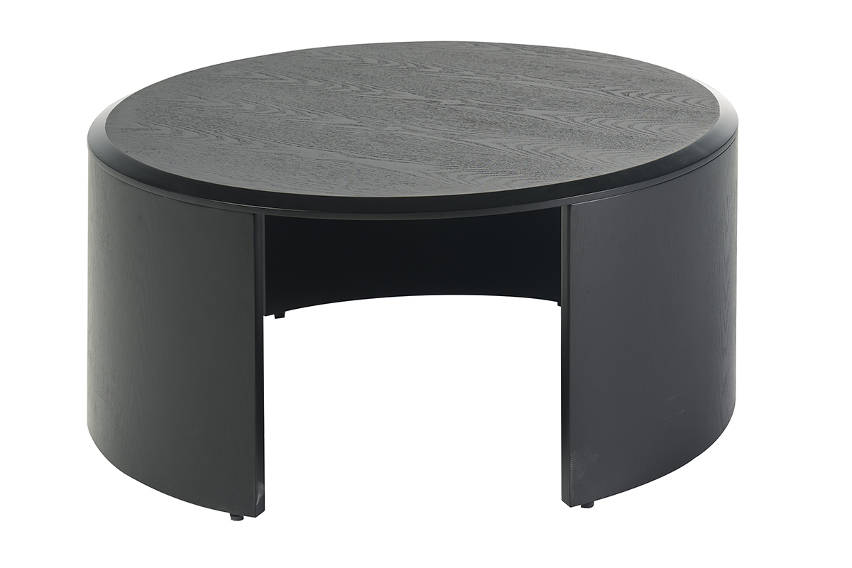 Runder Design-Couchtisch aus schwarzem Holz, Seitenansicht, Durchmesser 80 cm, H�he 35 cm.