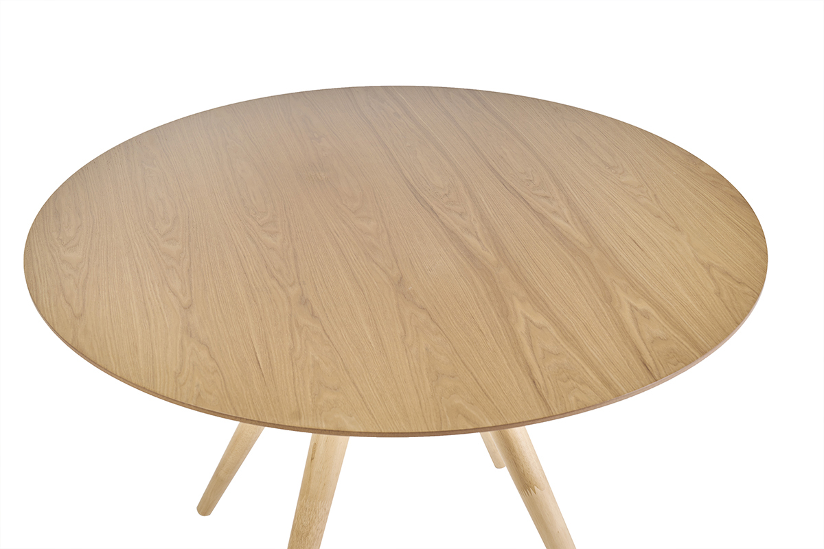 Runder Design-Esstisch aus hellem Eschenholz, Draufsicht.