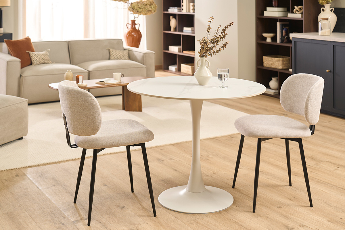 Runder Design-Esstisch aus wei�er Keramik und Metall D90 cm MALOU