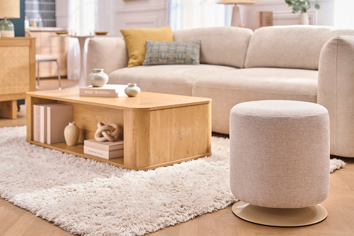 Runder drehbarer Hocker aus strukturiertem Samtoptik-Stoff in Beige und Metall D39.5 cm VOLNAY
