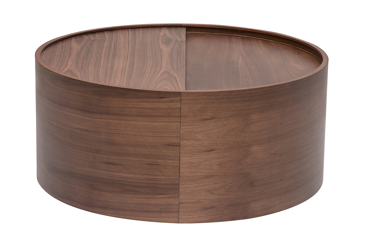 Runder Couchtisch aus dunklem Walnussholz, drehbare Tischplatte, Seitenansicht.