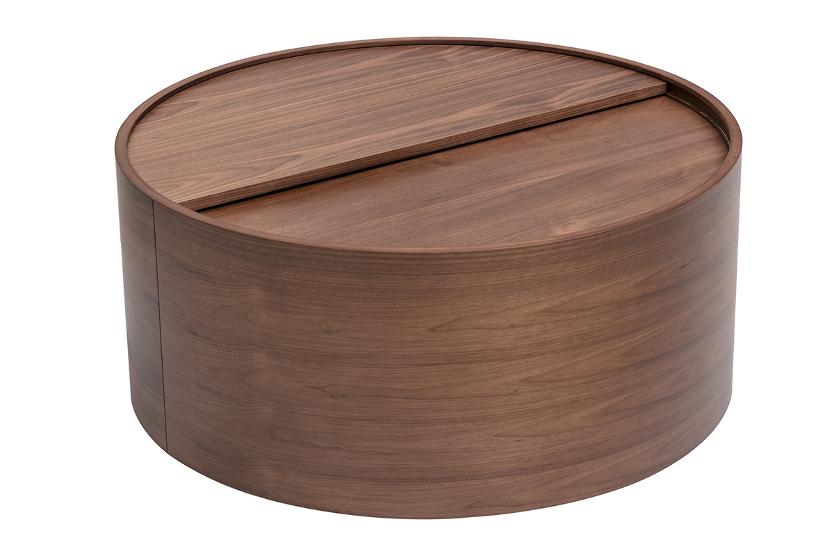 Runder Walnusstisch mit drehbarer Platte, Ansicht von 3/4.