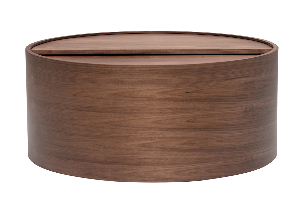 Runder Walnusstisch mit drehbarer Platte, Frontansicht.