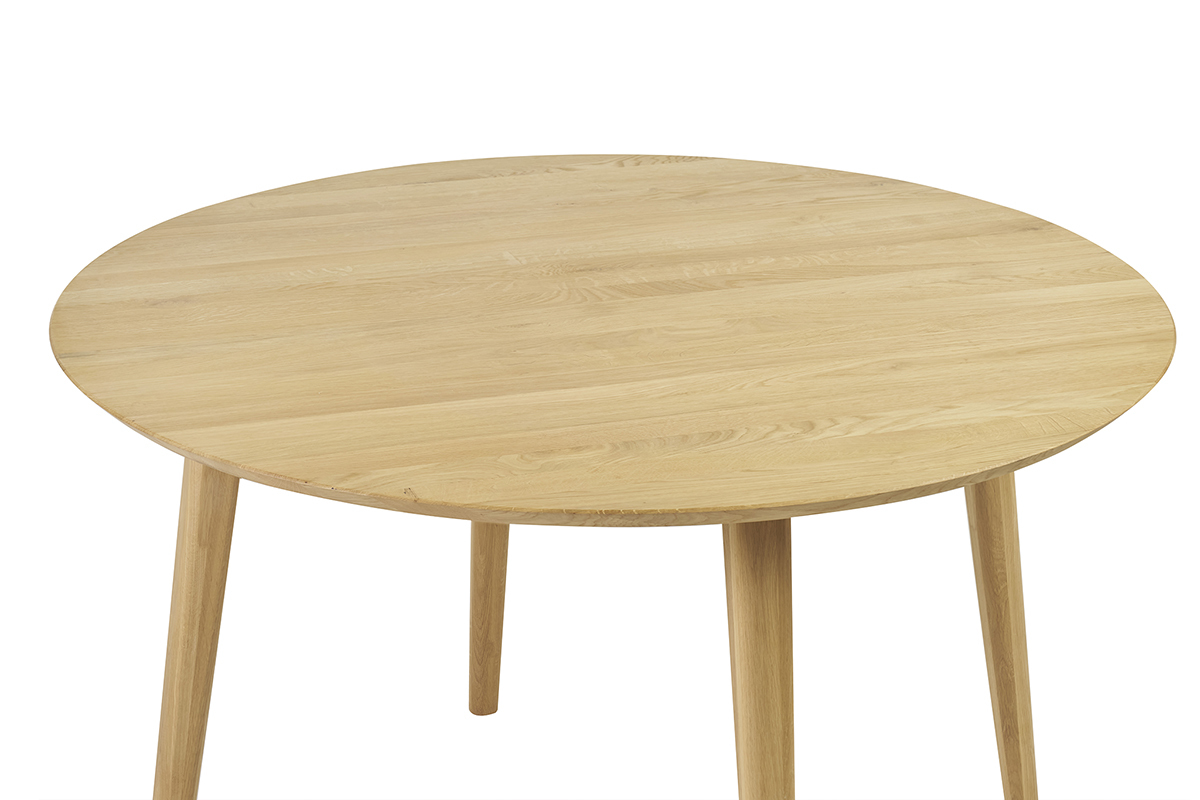 Runder Esstisch aus massiver Eiche mit schrgen Beinen, Draufsicht.