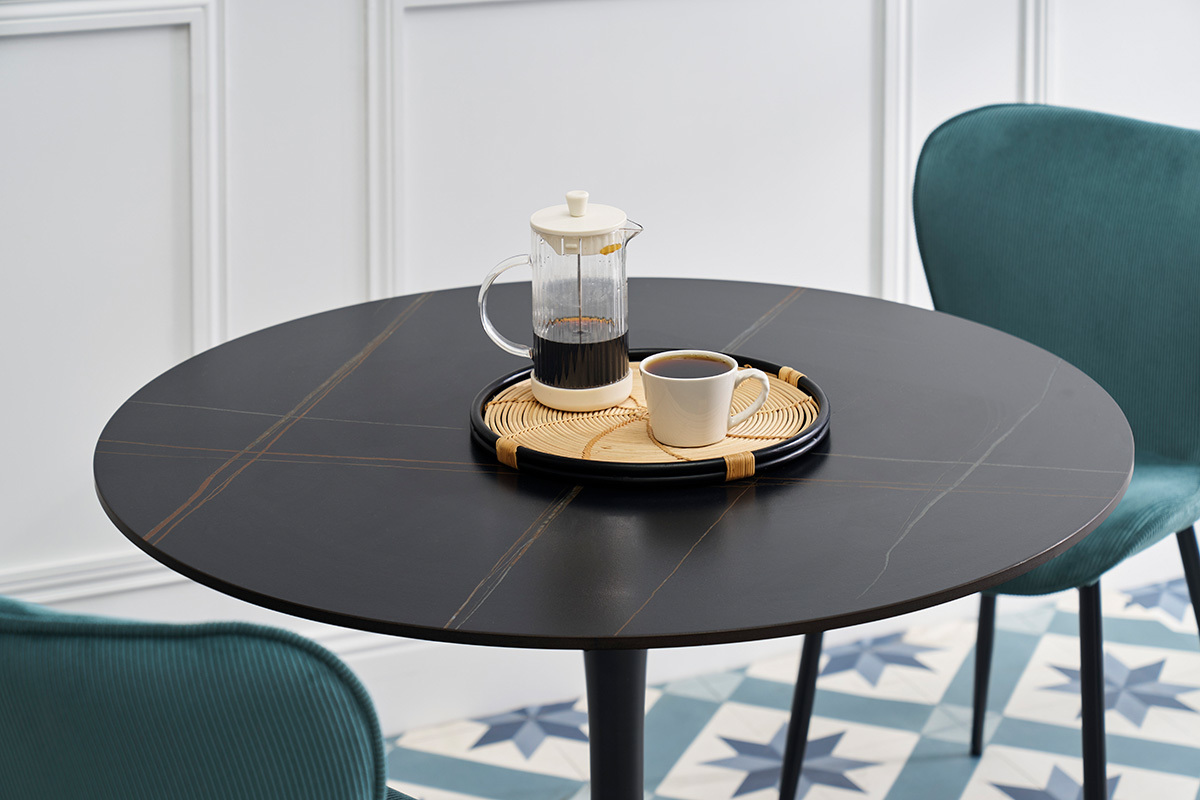 Runder Esstisch im Design aus schwarzer Keramik und Metall D90 cm MALOU