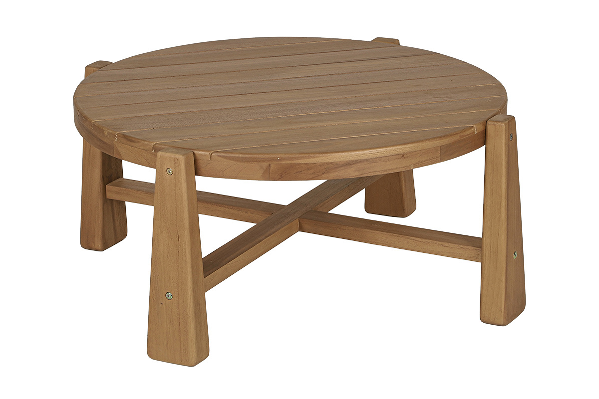 Runder Gartencouchtisch aus massivem Teakholz, 82 cm Durchmesser, Dreiviertelansicht.