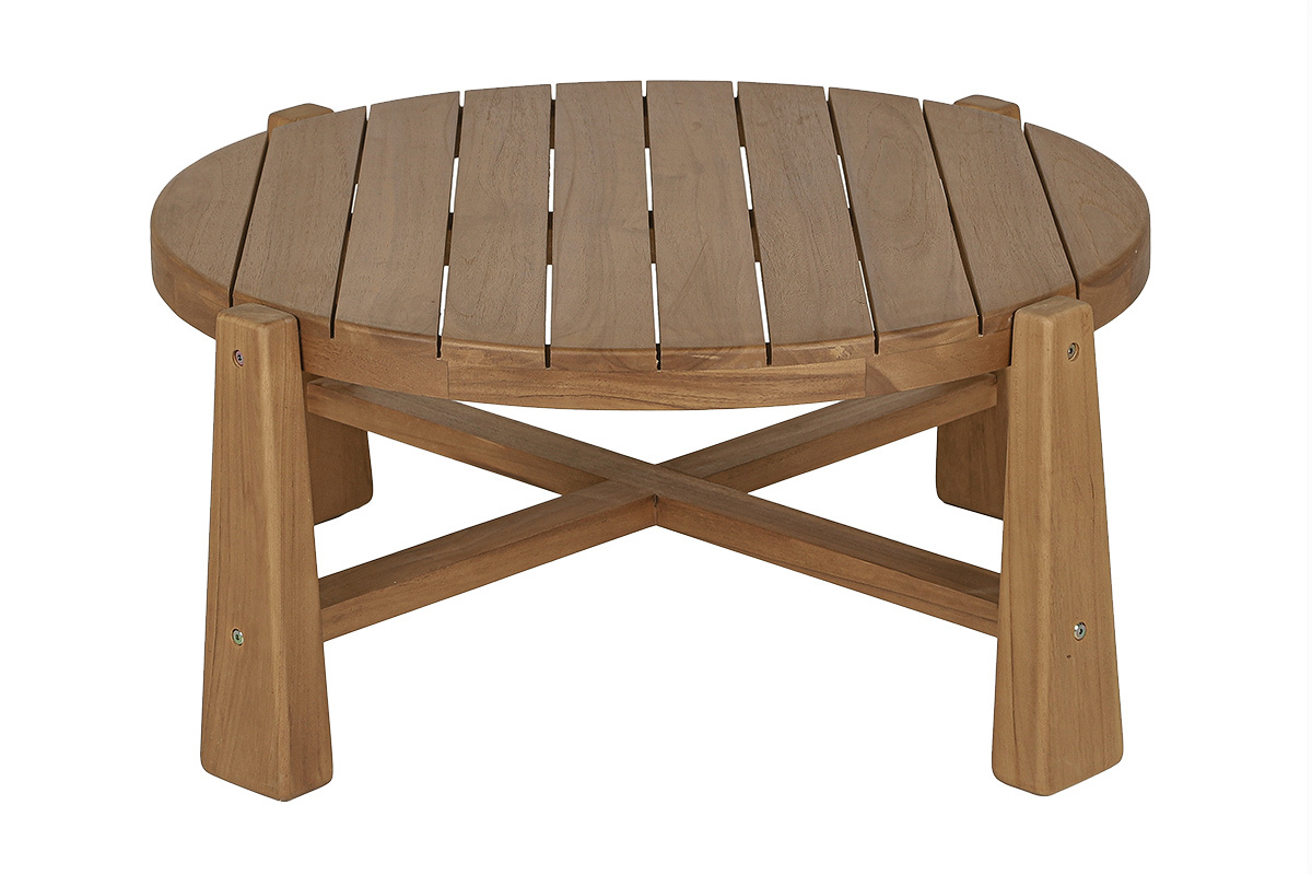 Runder Couchtisch aus massivem Teakholz, 82 cm, Vorderansicht, mit Kreuzbeinen und Lattenplatte.