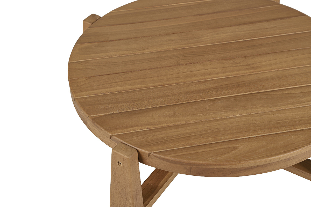Runder Couchtisch aus massivem Teakholz mit Lattenplatte, Ansicht von oben