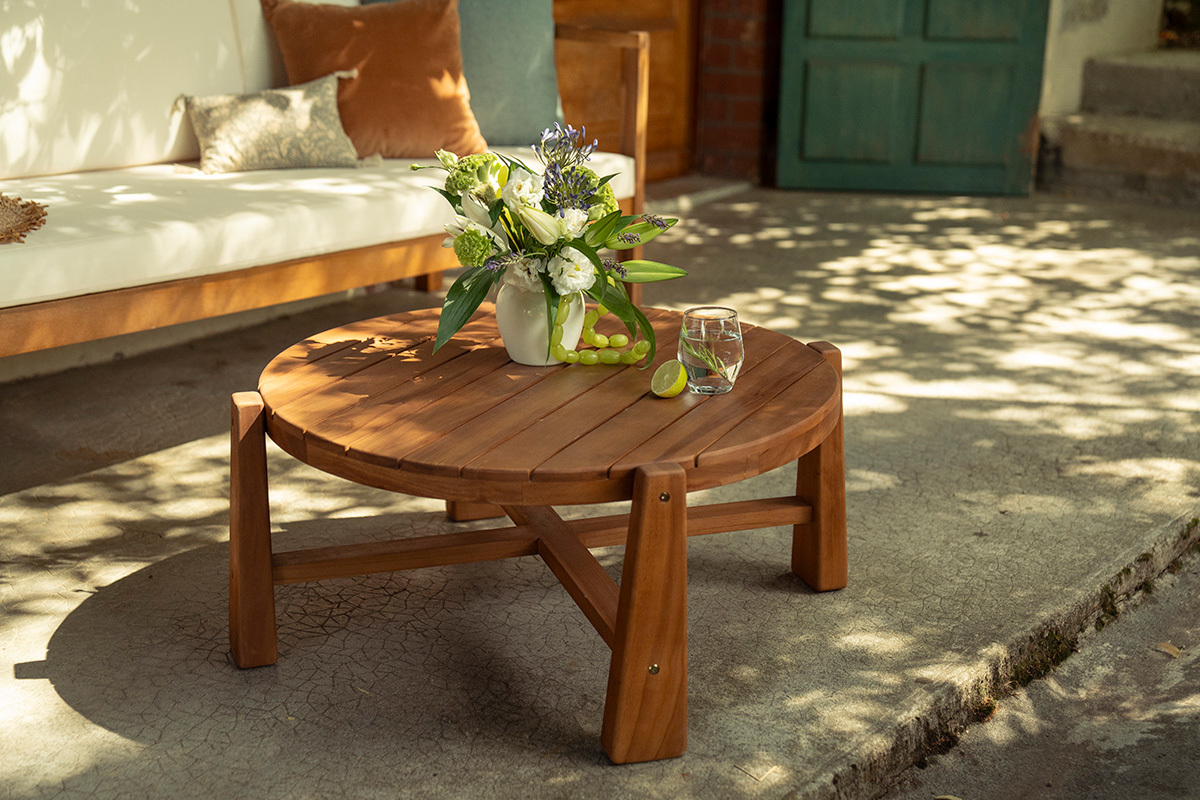 Runder Garten-Couchtisch aus massivem Teakholz D82 cm CAROLINA