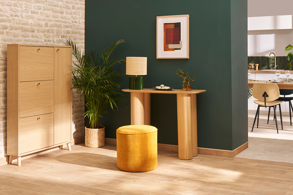 Runder Hocker aus gelbem Cord D 40 cm LOUIS