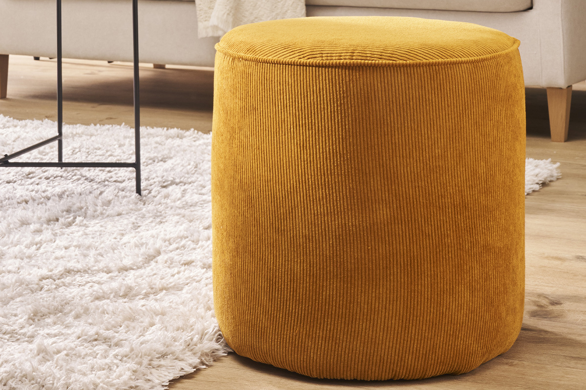 Runder Hocker aus gelbem Cord D 40 cm LOUIS