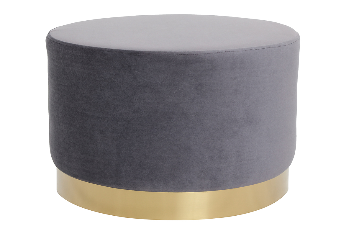 Runder Hocker aus grauem Samtstoff und vergoldetem Metall 54cm AMAYA