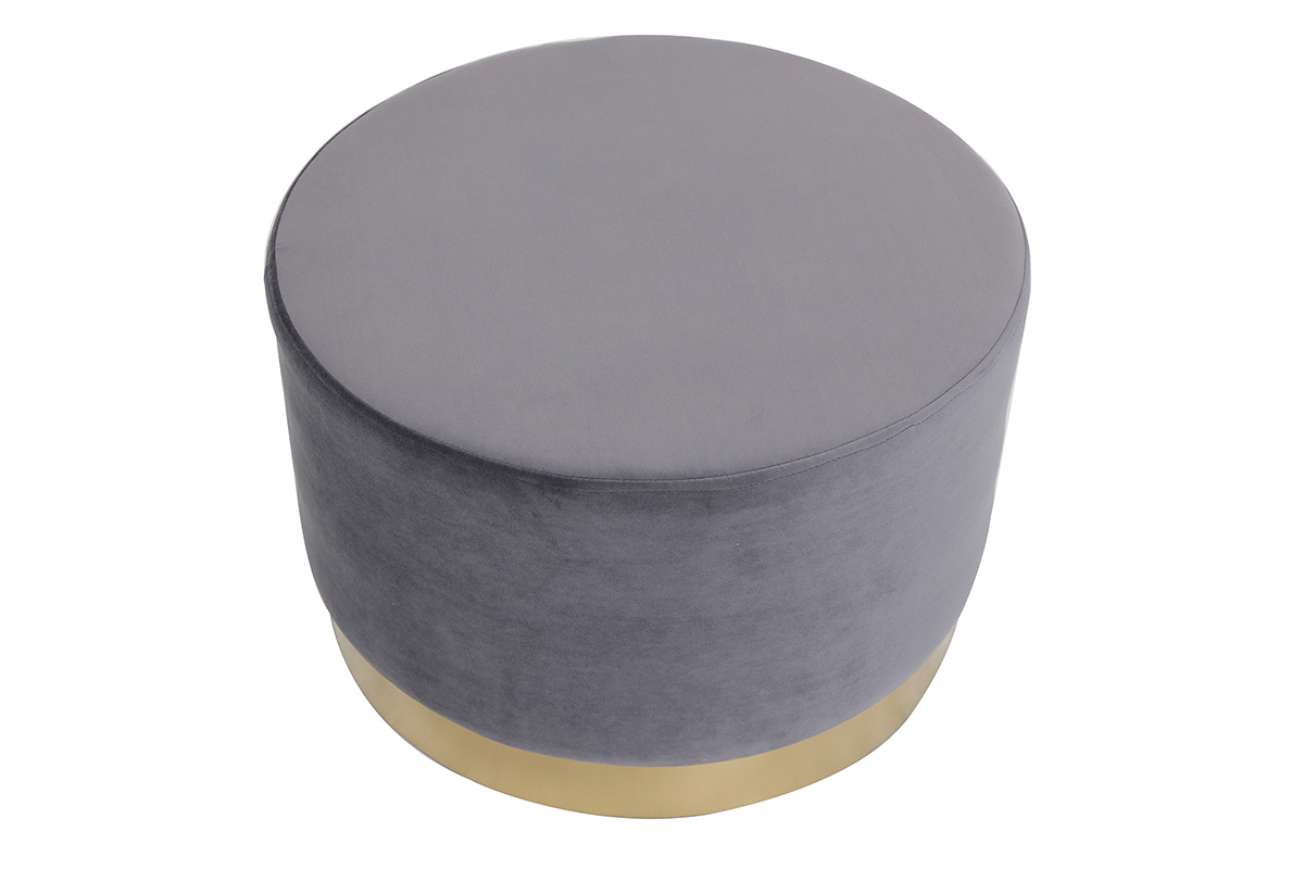 Runder Hocker aus grauem Samtstoff und vergoldetem Metall 54cm AMAYA