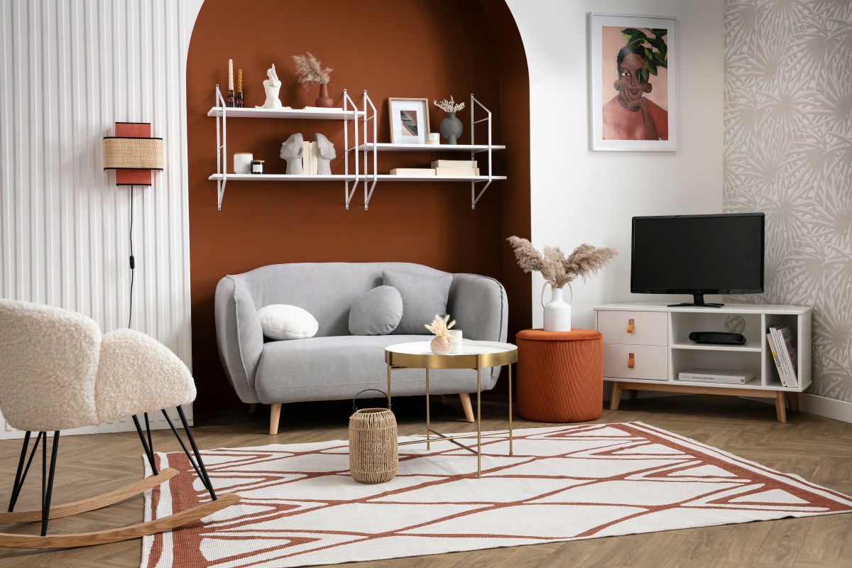 Runder Hocker aus rostbraunem Cord D 40 cm LOUIS