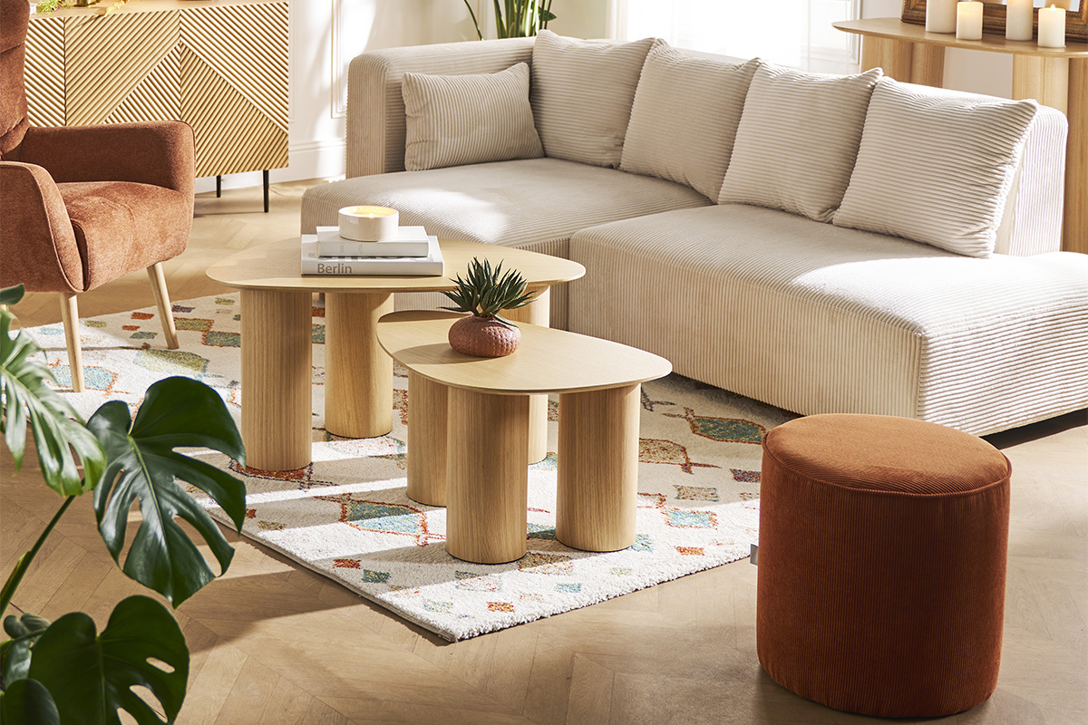 Runder Hocker aus rostbraunem Cord D 40 cm LOUIS