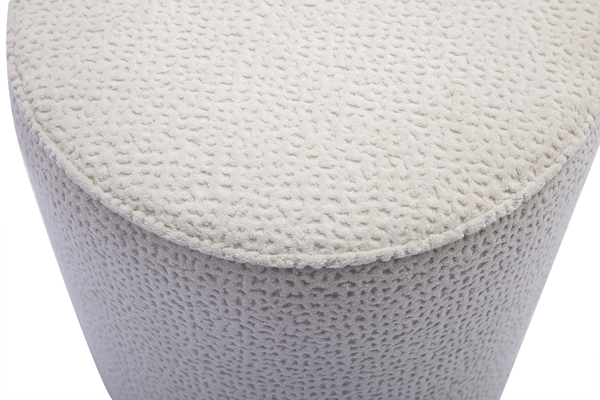 Ansicht von oben des runden Sitzpuffs aus Stoff mit strukturiertem Samteffekt in Ecru mit Muster, D40 cm.