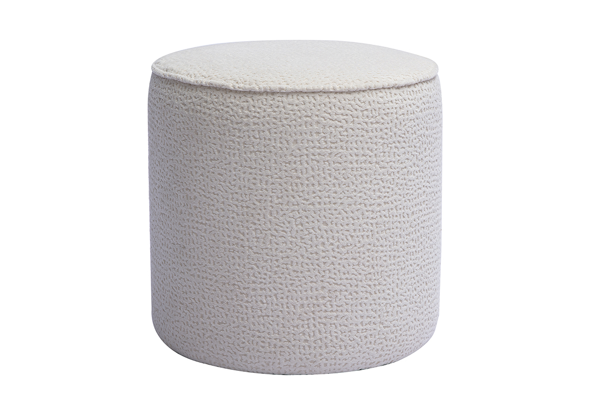 Runder Pouf aus strukturiertem, ecrufarbenem Stoff, D40 cm, mit Motiven, Frontansicht