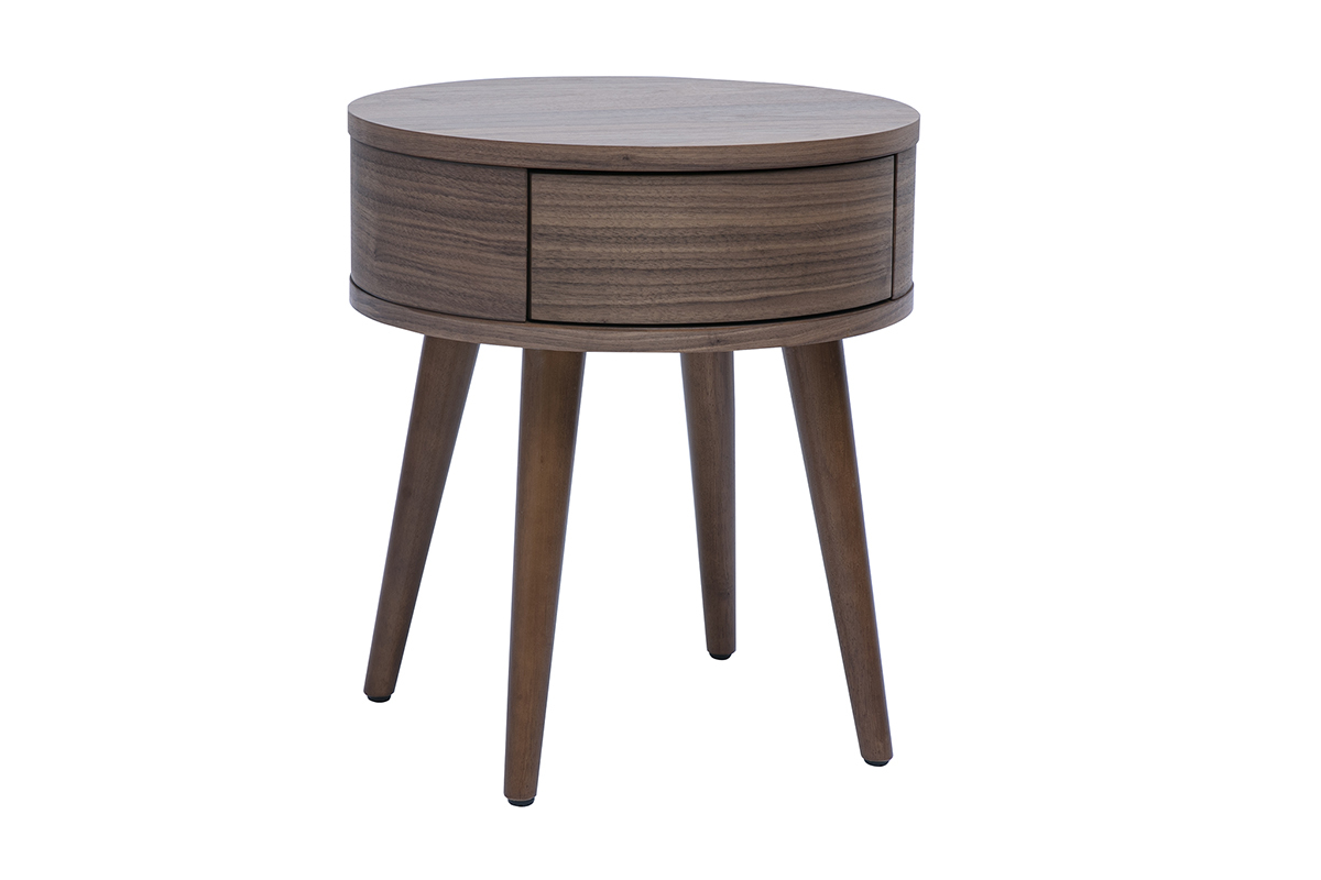 Nachttisch rund aus dunklem Holz mit Schublade, Ansicht von 3/4.