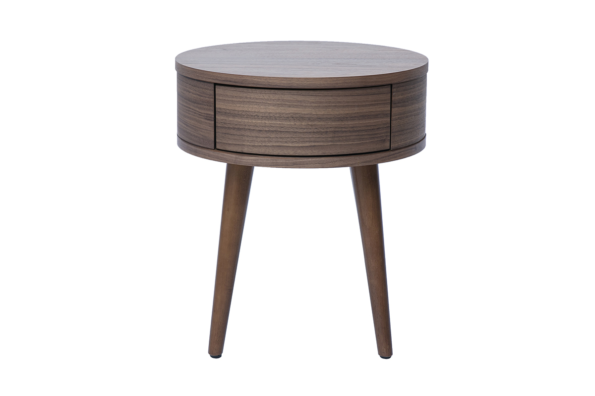 Runder Nachttisch aus dunklem Holz mit Schublade, Frontansicht.