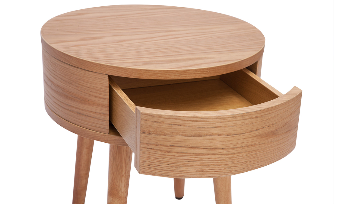 Runder Nachttisch aus hellem Holz mit Schublade D45 cm JUDITH
