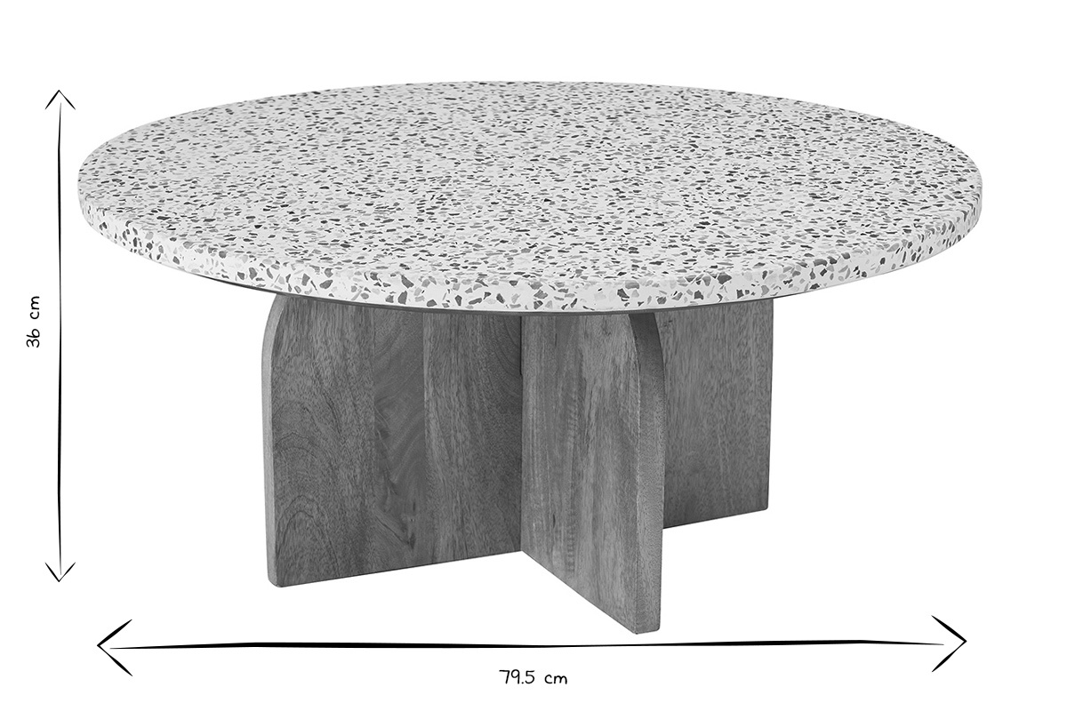 Runder Couchtisch aus Terrazzo und Holz, Ma�e: Durchmesser 79,5 cm, H�he 36 cm, in Schwarz und Wei�.