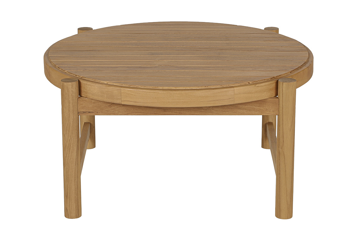 Runder Couchtisch aus massivem Teakholz, 80 cm Durchmesser, Seitenansicht