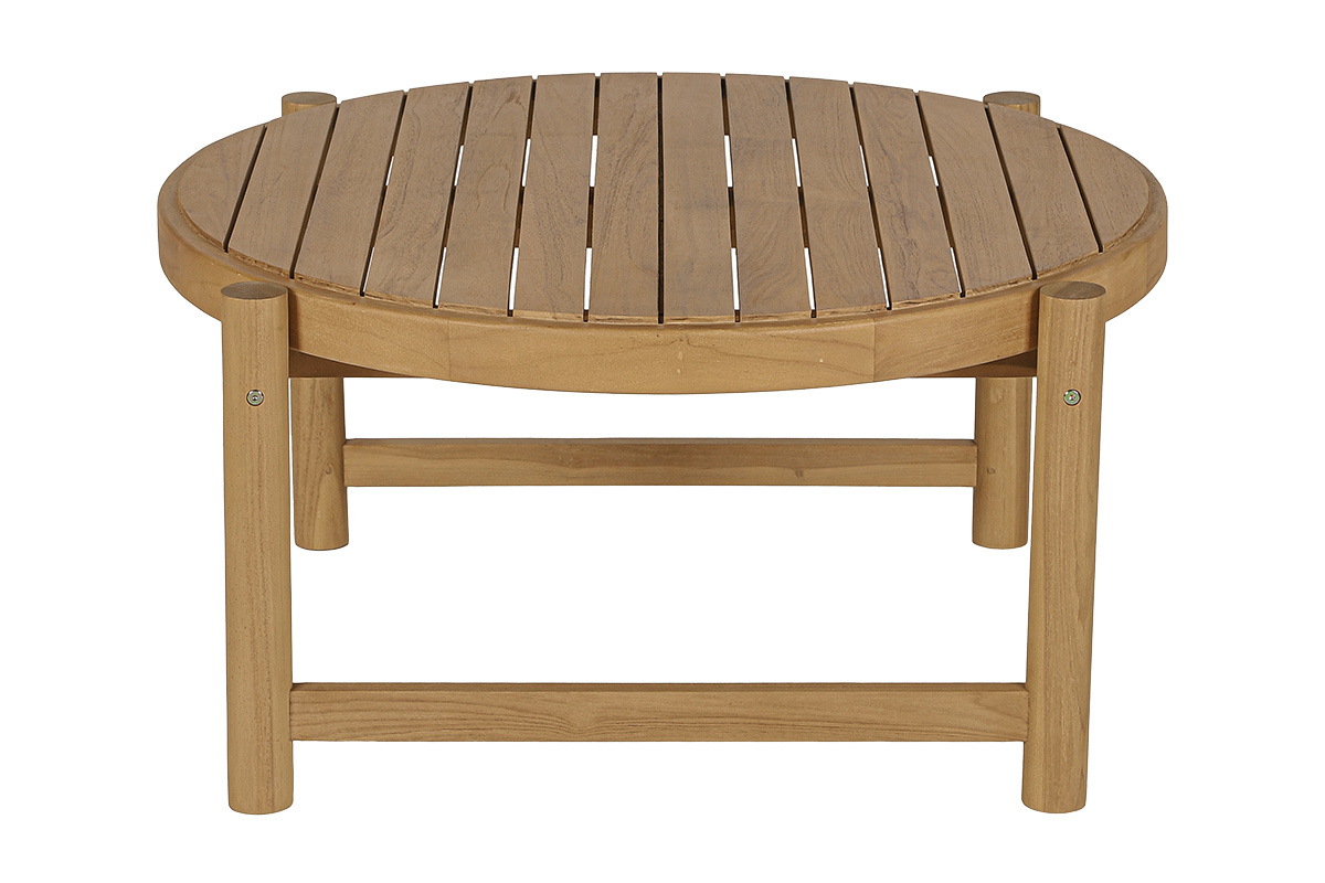 Runder Gartencouchtisch aus massivem Teakholz, Frontalansicht, D80 cm, runde Beine.
