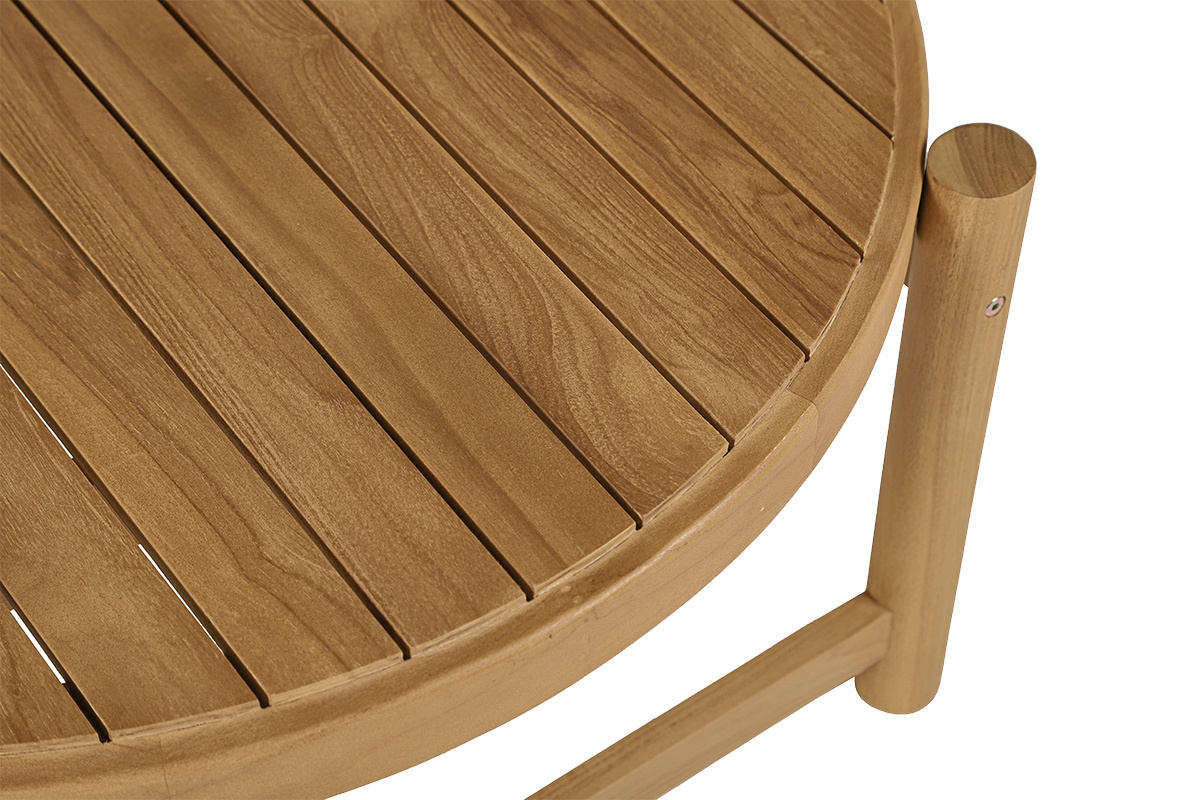 Runder Couchtisch aus massivem Teakholz, runde Tischplatte mit Latten, Draufsicht