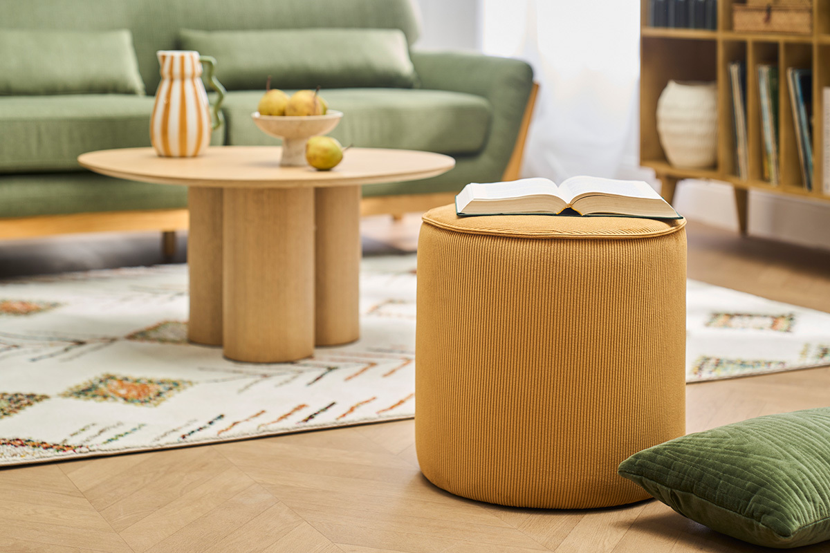 Runder Pouf aus gelbem Cord-Samt D40 cm PAUL