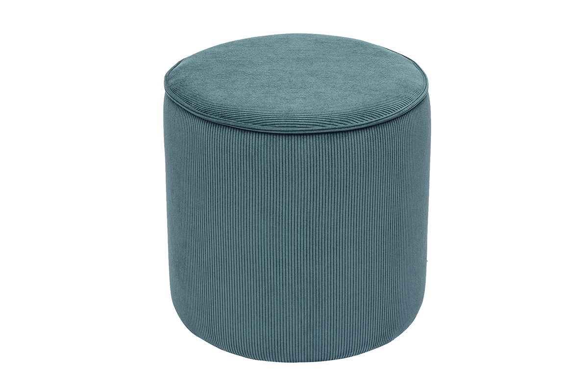 Runder Pouf aus geripptem Samtstoff in Entenblau D40 cm PAUL