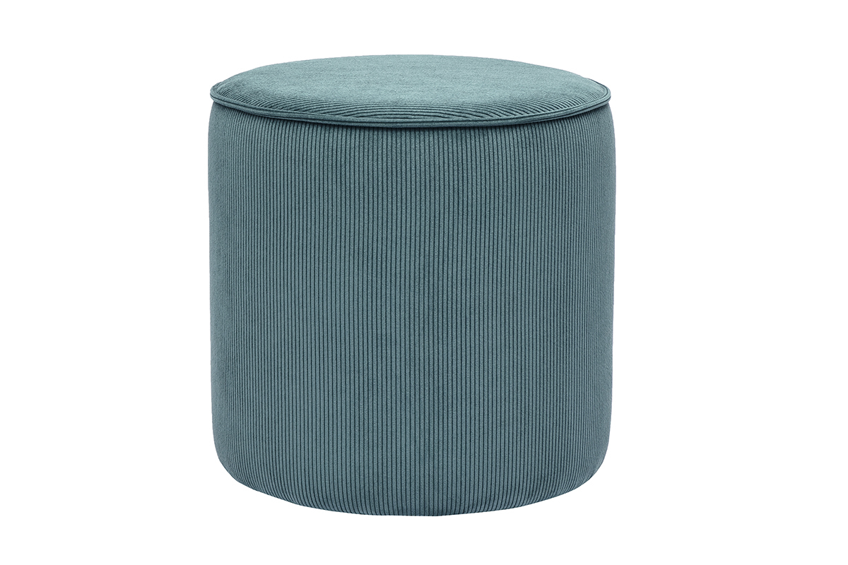 Runder Pouf aus geripptem Samtstoff in Entenblau D40 cm PAUL